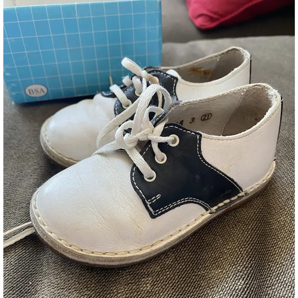 Vtg Babybotte Saddle Shoes Baby Toddler 3 White Black Oxford Leather Box